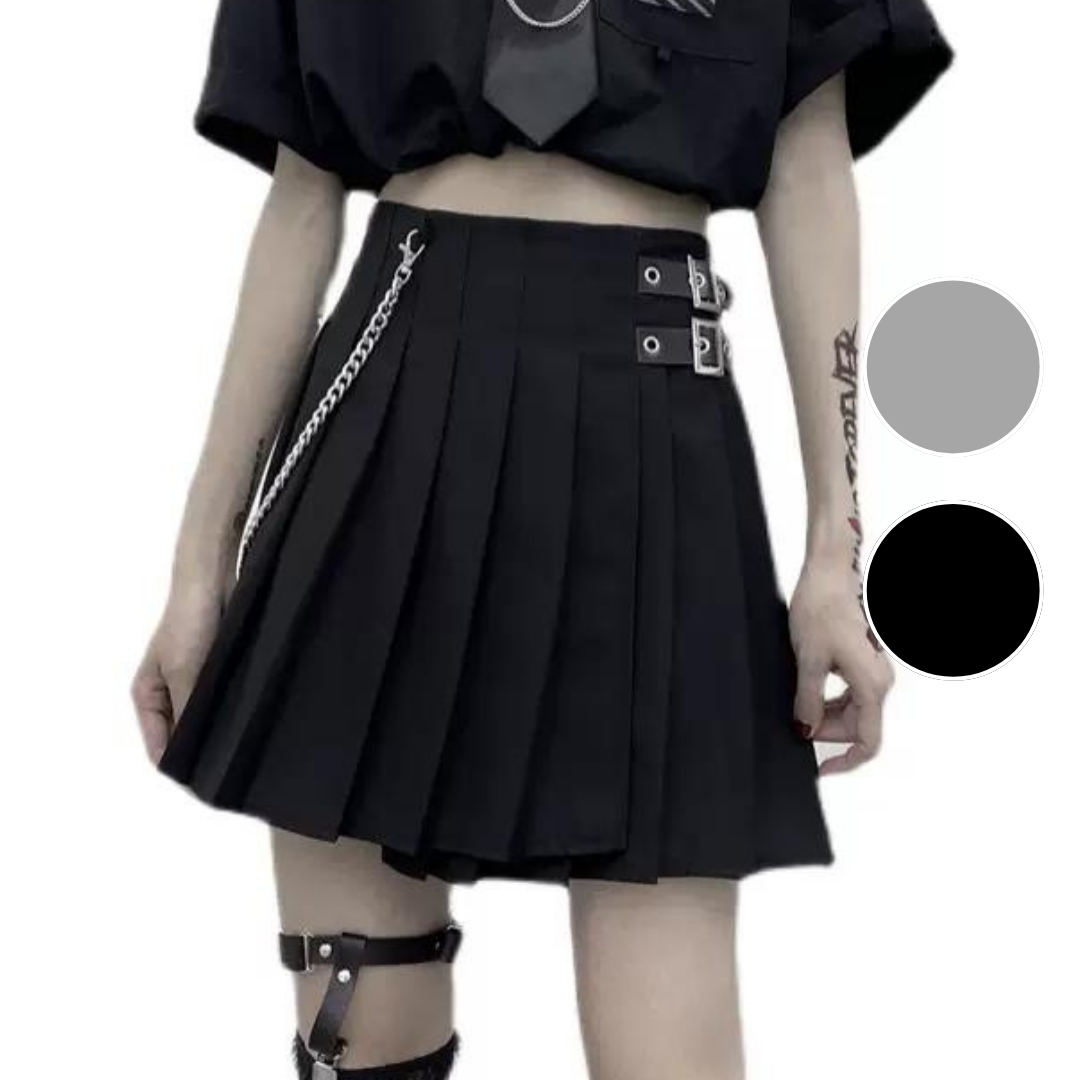 プリーツスカート サイドベルト チェーン ストリート 韓国 ブラック