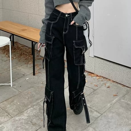 ステッチ ワイドパンツ カーゴパンツ ブラック ポケット ワークパンツ