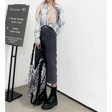 ミドルスカート レースアップ サイドスリット ロングスカート グレー