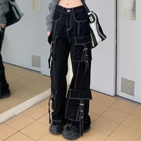 ステッチ ワイドパンツ カーゴパンツ ブラック ポケット ワークパンツ