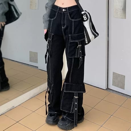ステッチ ワイドパンツ カーゴパンツ ブラック ポケット ワークパンツ