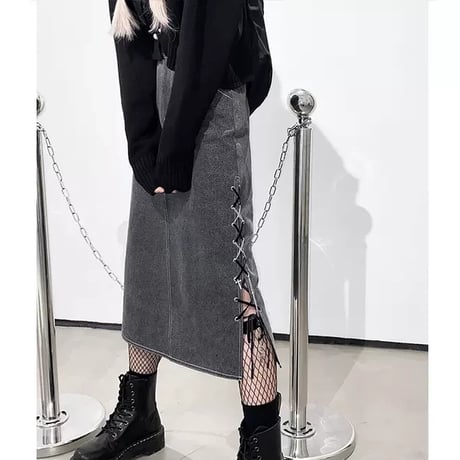 ミドルスカート レースアップ サイドスリット ロングスカート グレー