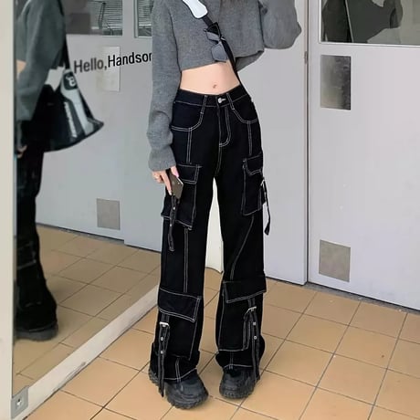 ステッチ ワイドパンツ カーゴパンツ ブラック ポケット ワークパンツ