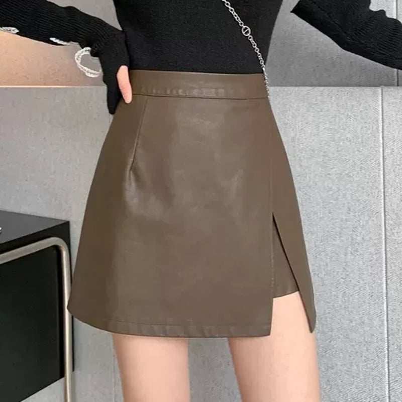 ミニスカート サイドスリットレザー ブラック インナー付 巻き