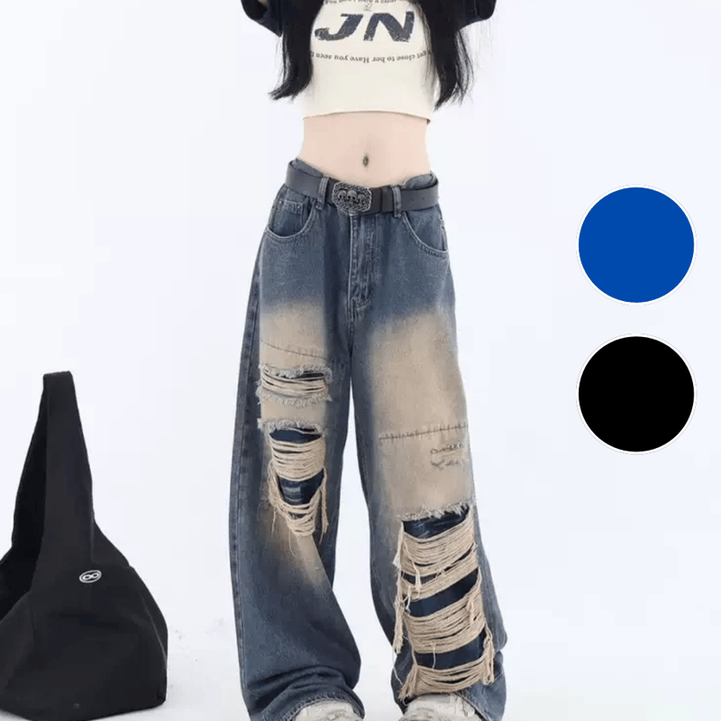 ダメージ バギー デニムパンツ ワイドパンツ ウォッシュ加工 ダメージ バギー デニムパンツ ワイドパンツ ウォッシュ加工