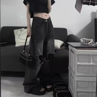 デニムパンツ ブラック ダメージウォッシュ ダメージデニム ジーンズ ワイドパンツ 韓国 ストリート