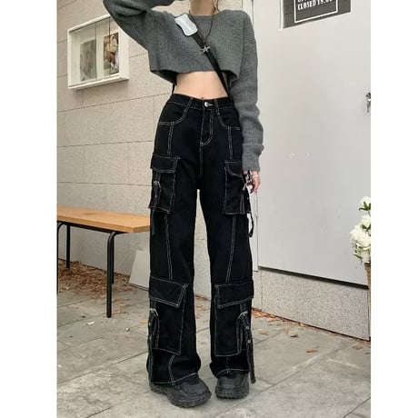ステッチ ワイドパンツ カーゴパンツ ブラック ポケット ワークパンツ