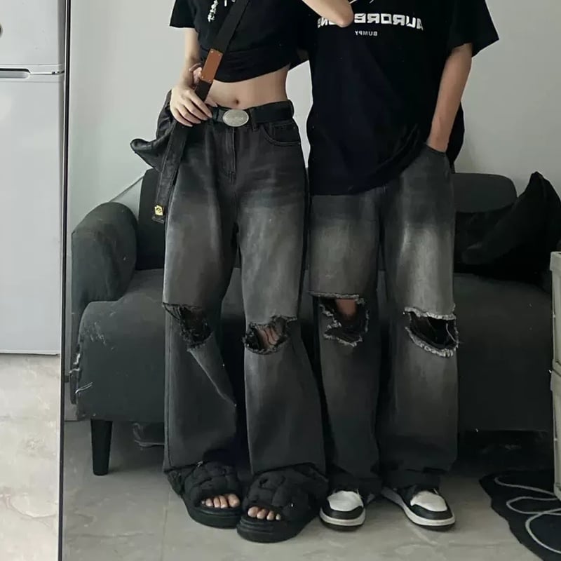 デニムパンツ ブラック ダメージウォッシュ ダメージデニム デニムパンツ ブラック ダメージウォッシュ ダメージデニム