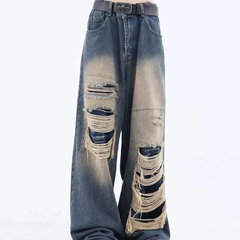 ダメージ バギー デニムパンツ ワイドパンツ ウォッシュ加工 ダメージ バギー デニムパンツ ワイドパンツ ウォッシュ加工