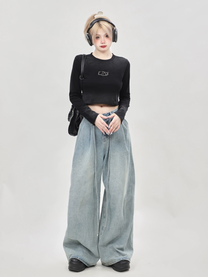 クロップド丈 トップス 長袖 Tシャツ ブラック シンプル ロゴ