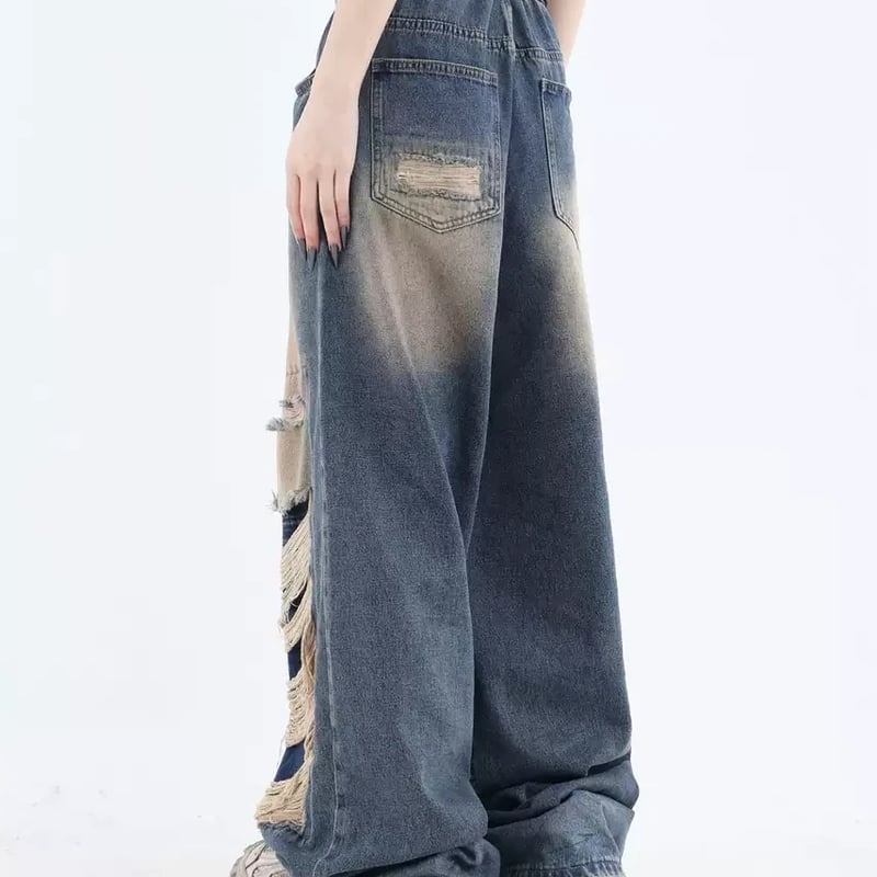 ダメージ バギー デニムパンツ ワイドパンツ ウォッシュ加工