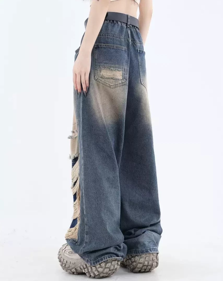 ダメージ バギー デニムパンツ ワイドパンツ ウォッシュ加工 ダメージ バギー デニムパンツ ワイドパンツ ウォッシュ加工
