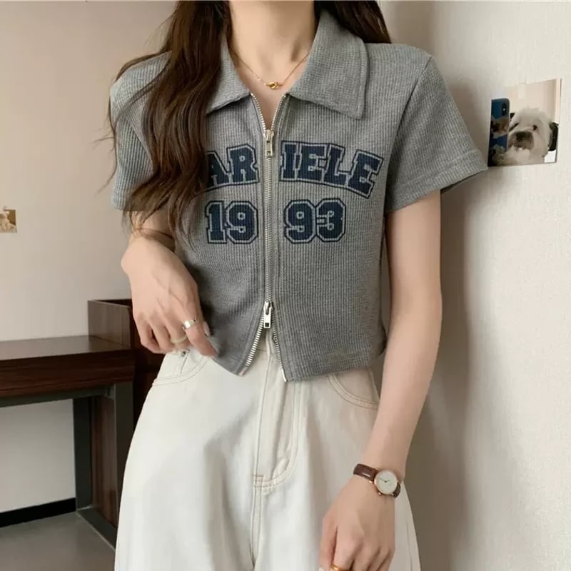 ダブルジップトップス レディース 半袖 ロゴ クロップド丈 | 韓スト☆