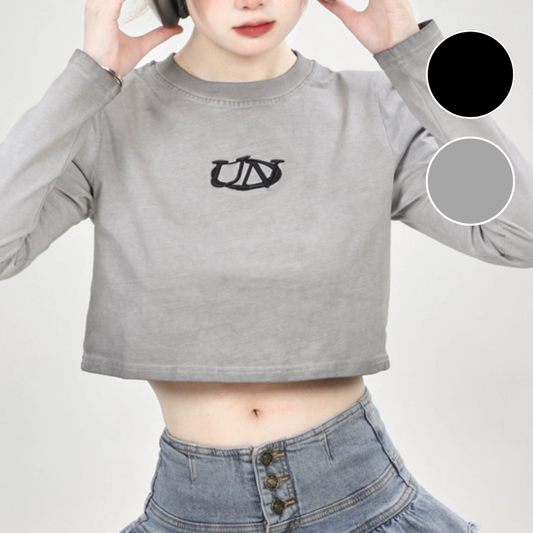 クロップド丈 トップス 長袖 Tシャツ ブラック シンプル ロゴ