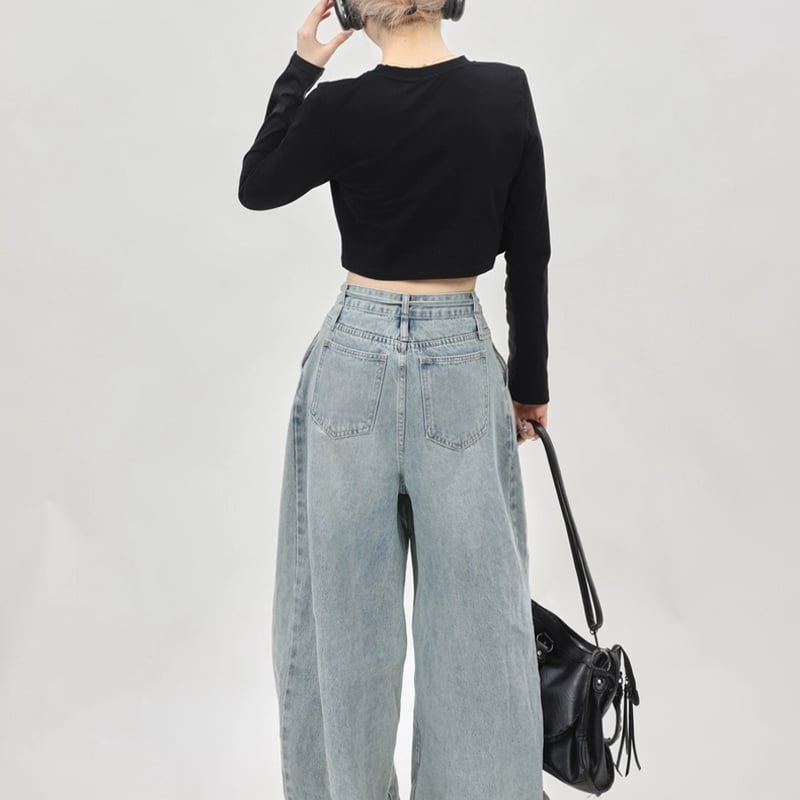 クロップド丈 トップス 長袖 Tシャツ ブラック シンプル ロゴ