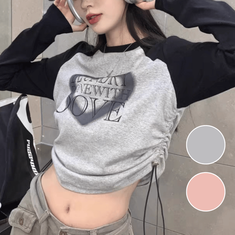 ハート ラグラン トップス Tシャツ ロゴ クロップド丈 ギャザー ハート ラグラン トップス Tシャツ ロゴ クロップド丈 ギャザー