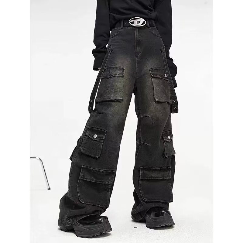 ブラックカーゴパンツ サイドポケット付き カーゴパンツ ブラック サイドベルト ポケット ワイドパンツ