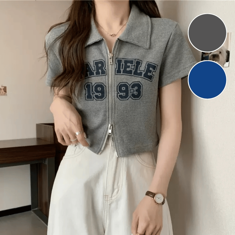 ダブルジップトップス レディース 半袖 ロゴ クロップド丈 | 韓スト☆