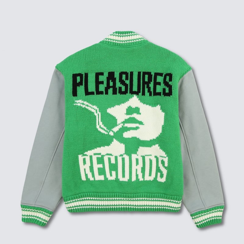 PLEASURES/プレジャーズ】SMOKE KNITTED VARSITY JACKET