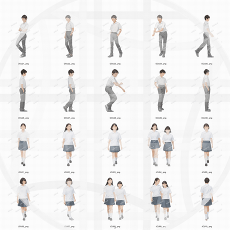 中学生制服  建築CGパース用人物添景 イラスト素材セット　　60カット