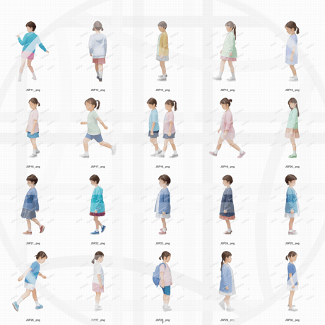 小学生私服  建築CGパース用人物添景 イラスト素材セット　　60カット