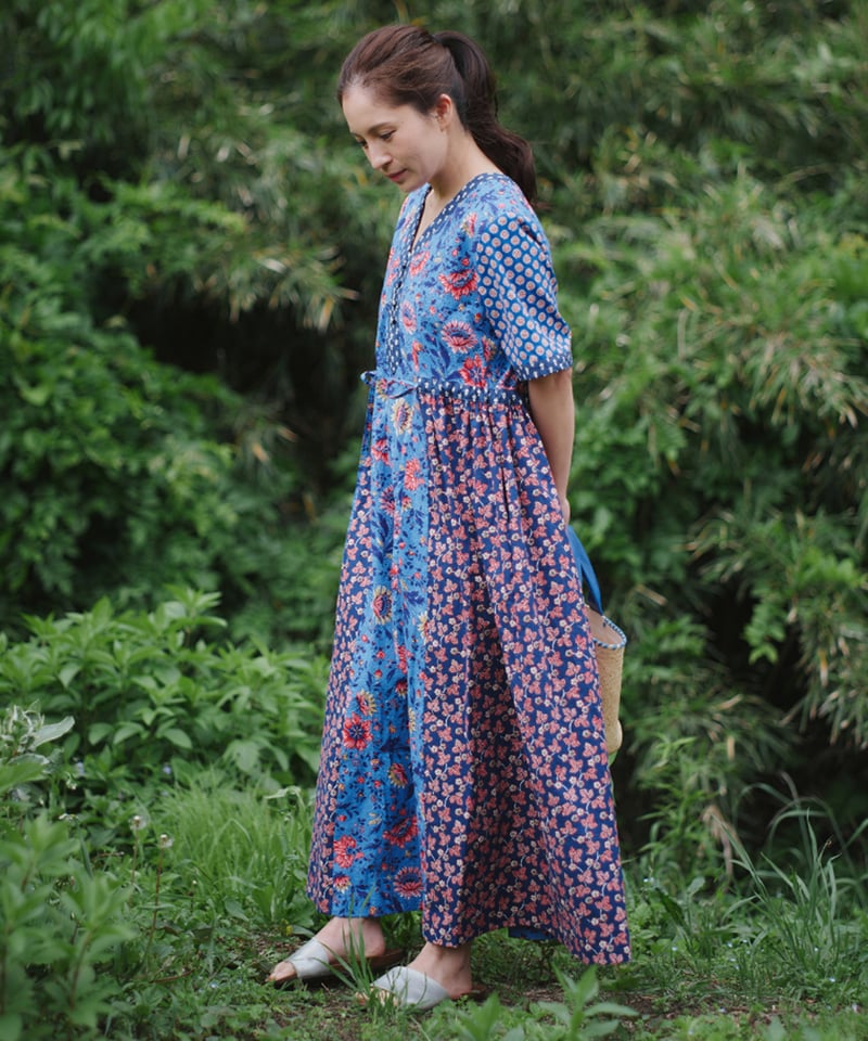 【未使用】SOULEIADO 総柄プリントワンピース SOULEIADO【-Rani-ワンピース】ブルー <キット>or<材料セット> | maiando