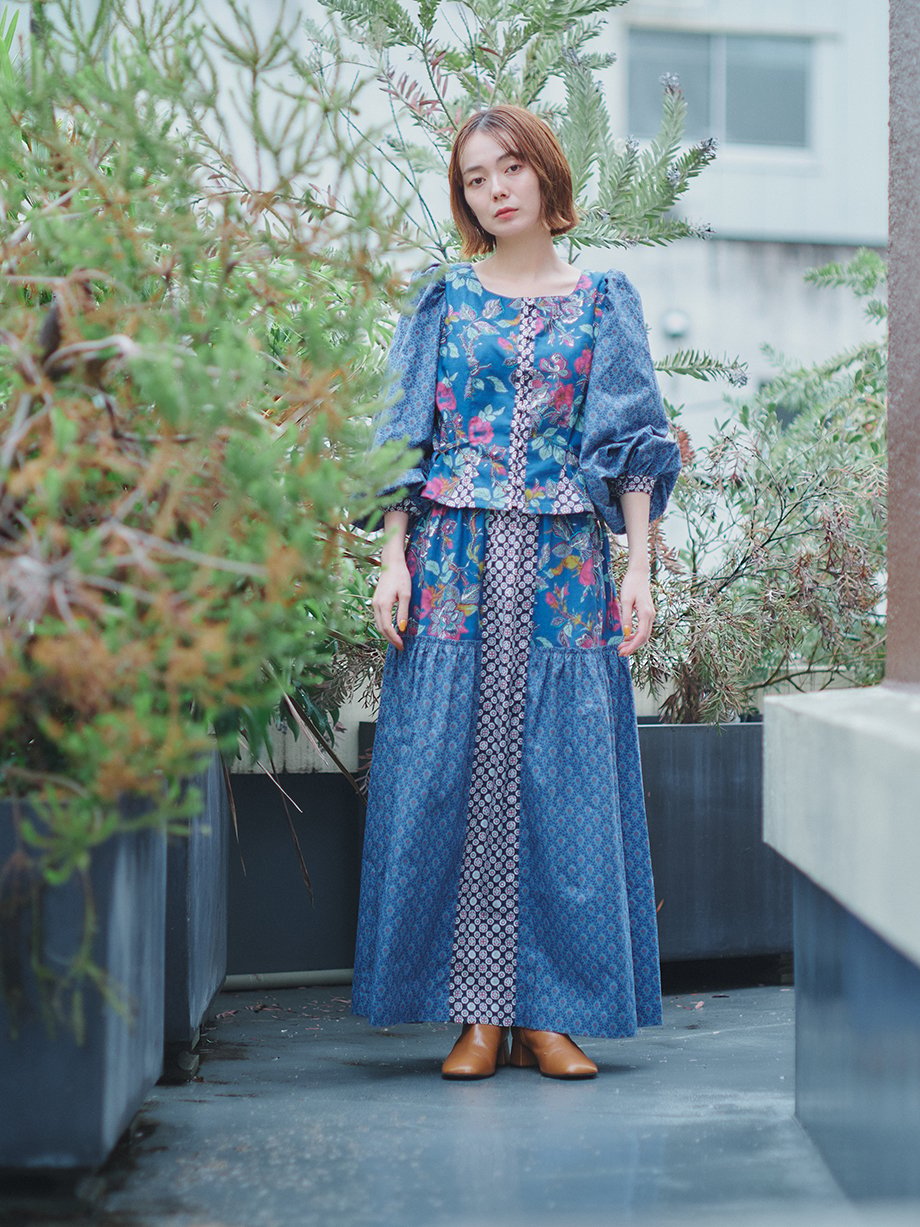 SOULEIADO×maiandoバルーン袖ブラウスの生地と型紙ブラウングリーン SOULEIADO×maiando【ブラウス&スカートキットセット】ネイビーブルー