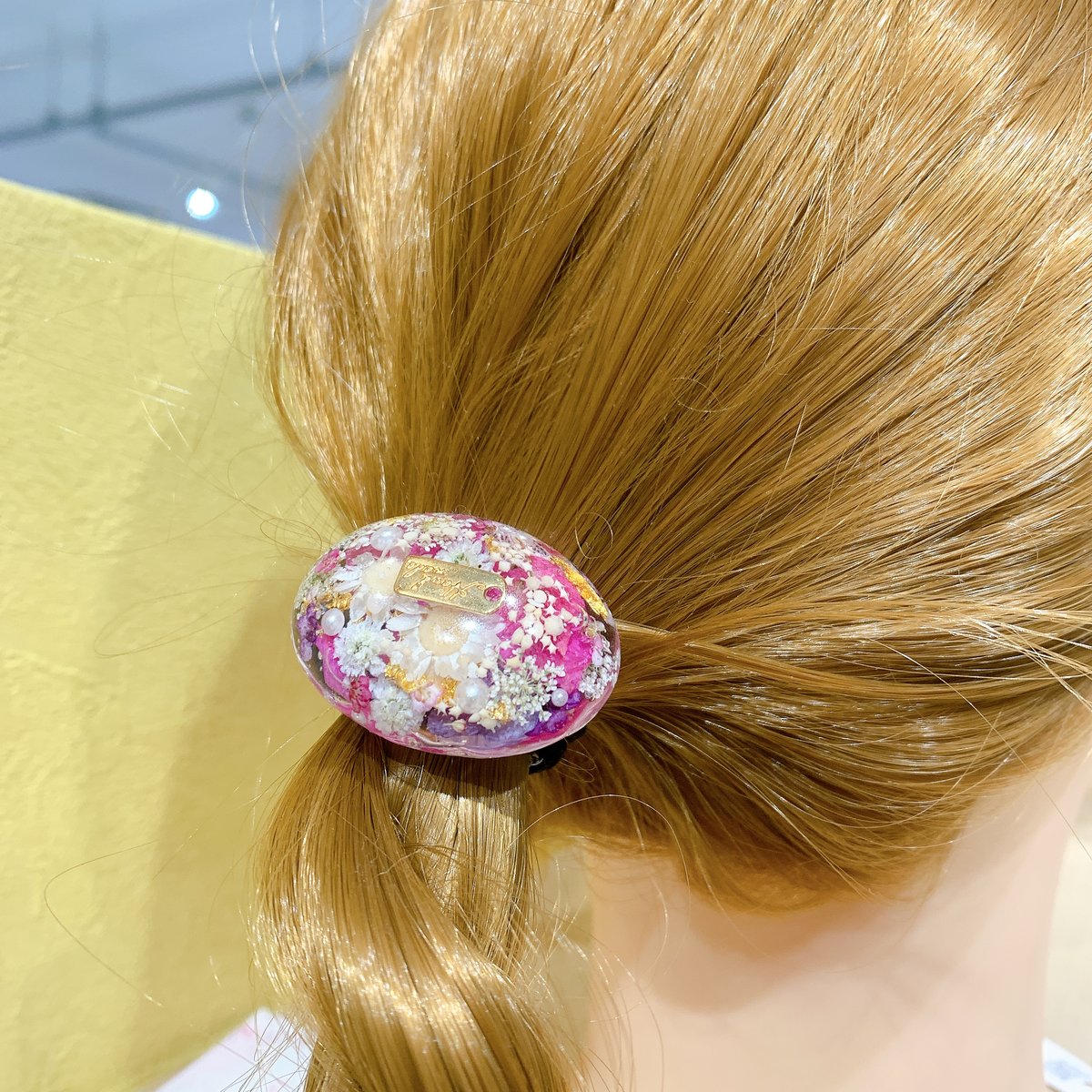 ひまわりとシェル入り グリーン ハートヘアゴム ブーゲンビリアとシェルのヘアゴム（T-A39-1) | tetebyokinawa