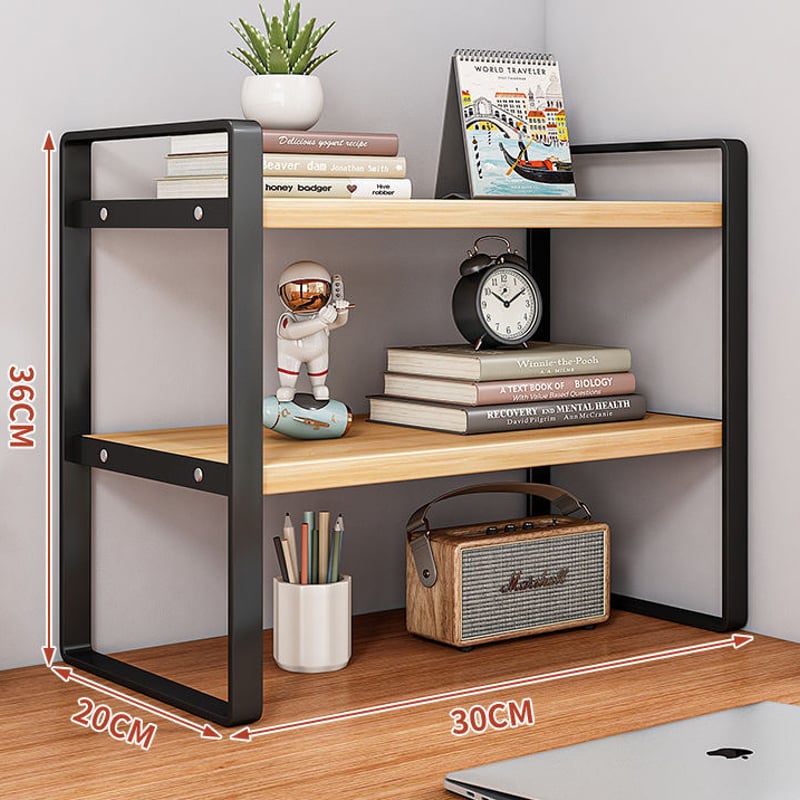 おしゃれな多機能 2段デスク上置き棚 収納、卓上ラック-黒フレーム