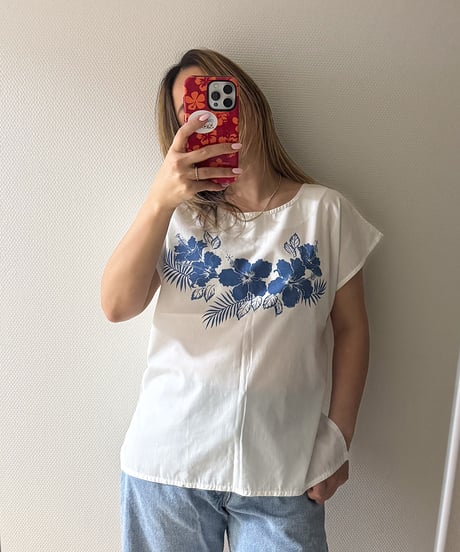 Vintage Hawaiian Floral Blouse Blue