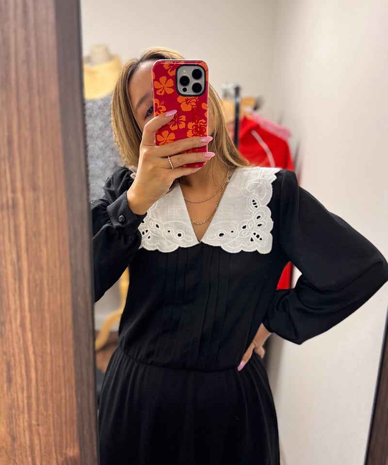 Made in USA Black Dress with White Lace Collar