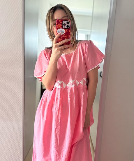 Rare Vintage Pink Geometric Trim Angel Sleeve Maxi Dress / Statement Piece