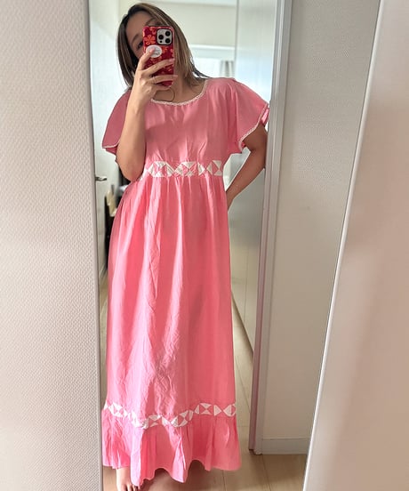 Rare Vintage Pink Geometric Trim Angel Sleeve Maxi Dress / Statement Piece