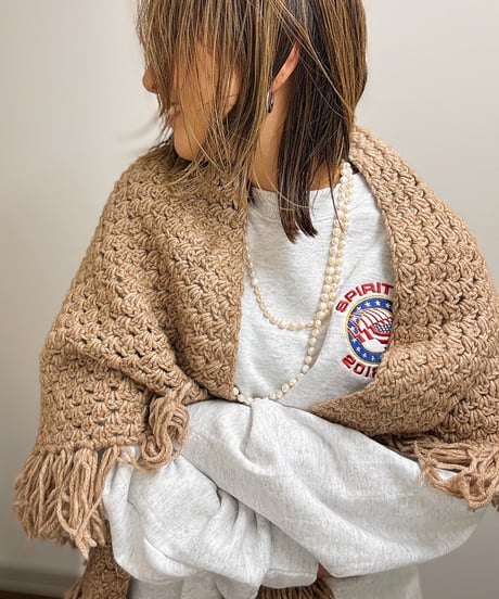 fringe knit shawl beige