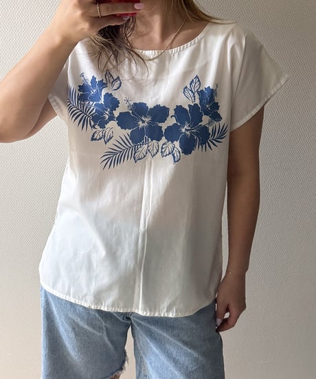 Vintage Hawaiian Floral Blouse Blue