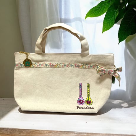 【スプーン柄】プラナカン刺繍リボン付きミニトート