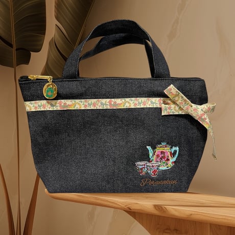 【ポット柄】プラナカン刺繍リボン付きミニトート