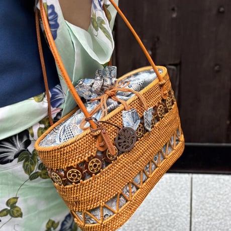 【ココナッツx透かし網】インド綿・バティック内布付きアタバッグ