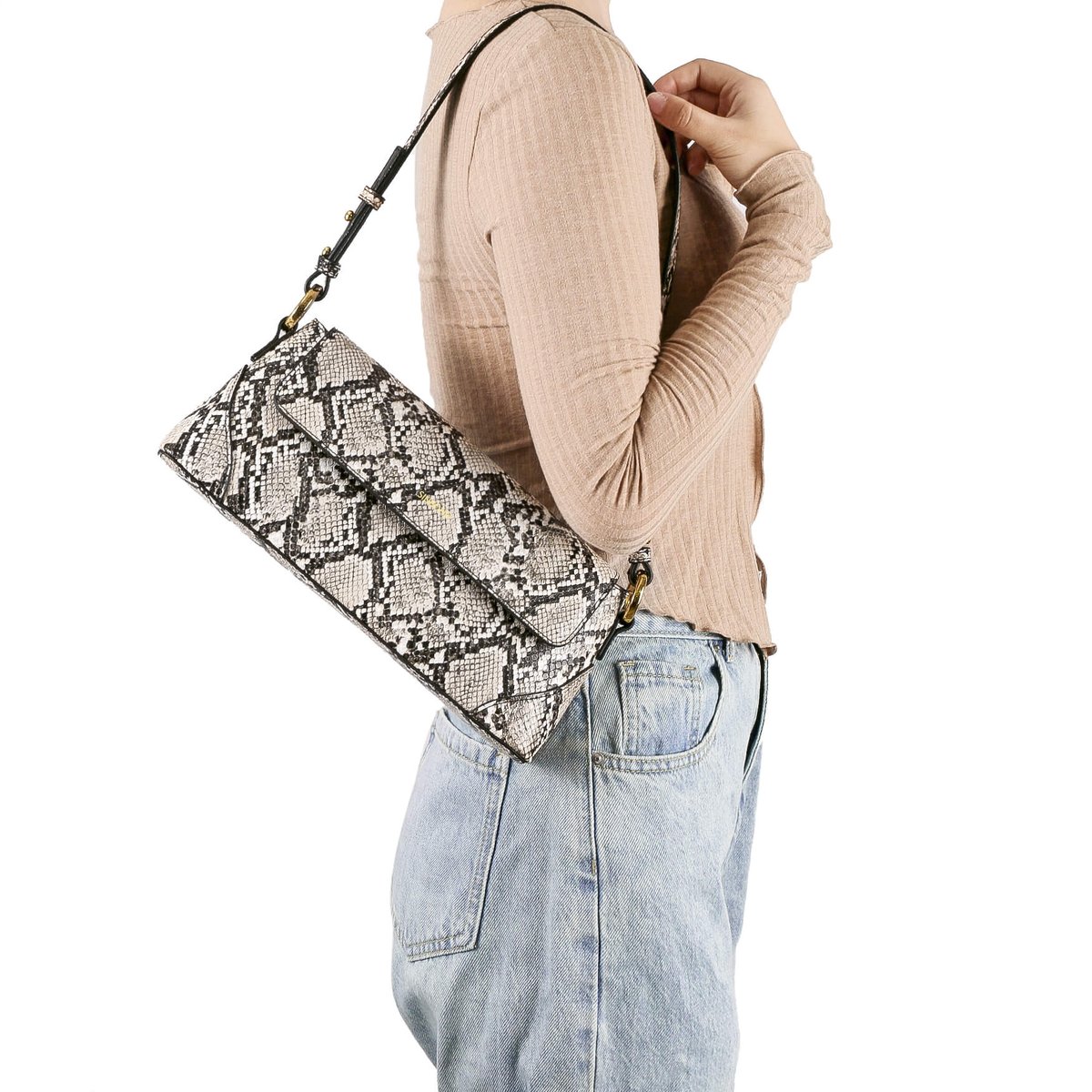 Amelia Shoulder Bag - Natural Snake Embossed | 