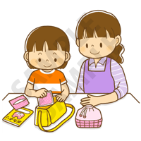 2000ピクセル　かばんに荷物を入れるこども（女の子）のイラスト