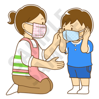2000ピクセル　マスクをするこども（男の子）と保育士さんのイラスト