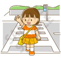 500ピクセル　てをあげて横断歩道をわたるこども（女の子）のイラスト