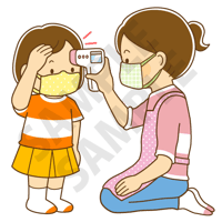 2000ピクセル　非接触型体温計で 体温を測るこども（女の子）と保育士さんのイラスト