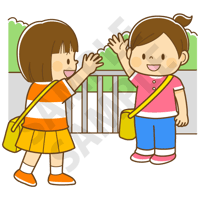 500ピクセル　手を上げてともだちとあいさつするこども（女の子）のイラスト