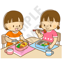 2000ピクセル　友達とお弁当をたべるこども（女の子）のイラスト