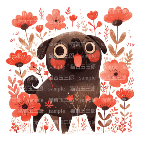 黒色パグ犬とお花 001