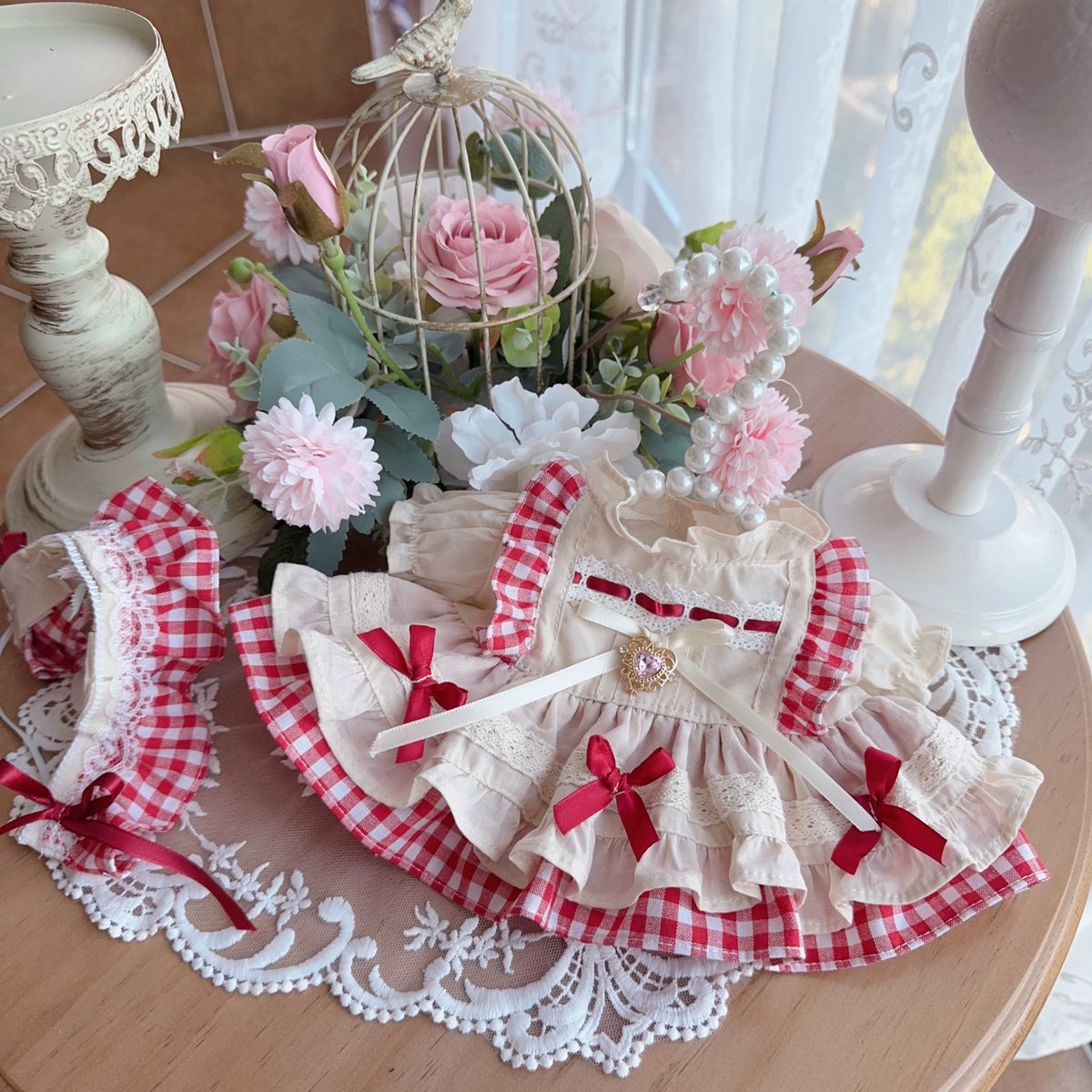 ぬいぐるみ用お洋服】レッド系フリルワンピース | ねこのぬい服屋