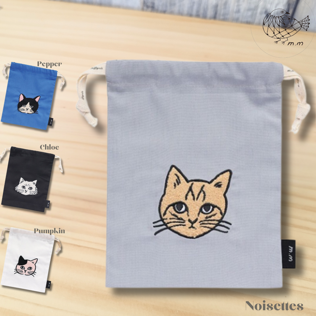 松尾ミユキ】Embroidered Drawstring bag S｜ねこ刺繍巾着バッグ
