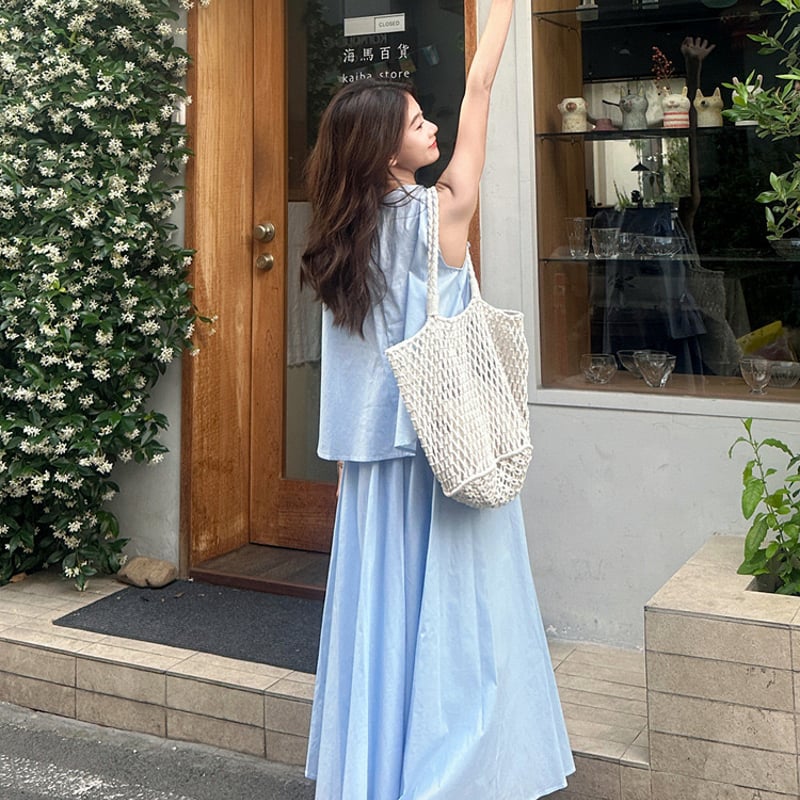 水色ワンピース セットアップ リボン ノースリーブ 小さいサイズ