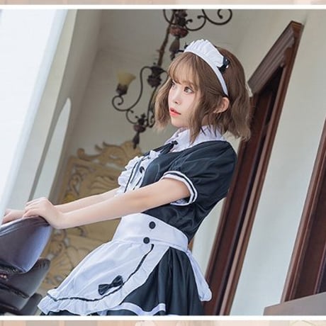レンタル　メイド服ショートタイプ４点セット(メイド服・カチューシャ・エプロン・つけ襟)　コスプレント　３泊４日のレンタル品です　ご返却が必要です